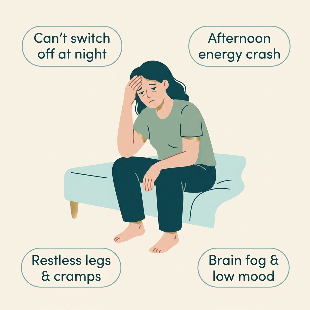 Symptoms of magnesium deficiency: can't switch off at night, afternoon energy crash, restless legs and cramps, brain fog and low mood
